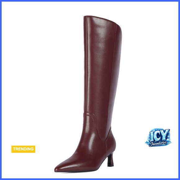 Shoes - Knee High Boots with Pointed Toe and 2-Inch Kitten Heel, Faux Leather